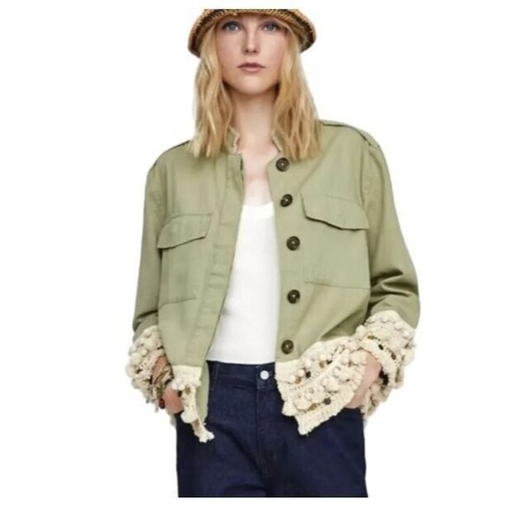 Zara Utility Jacket Tassel Pom Crochet Fringe Boho Coins Green Womens Size M - Picture 10 of 10